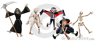 Death with scythe, mummy, dracula vampire, witch on broomstick and skeleton. Set characters Halloween Party Vector Illustration