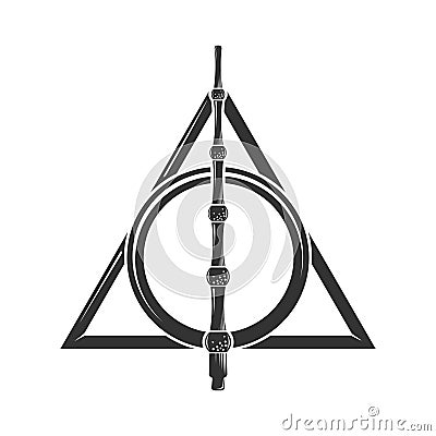 Deathly Hallows, a symbol from the Harry Potter book. A magic wand, a resurrection stone, and a cloak of invisibility. Vector Vector Illustration