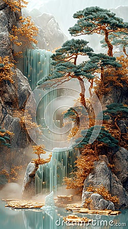 Deatiled beautifull Pagoda in misty mountains . 3D Illustration.Generative AI Stock Photo
