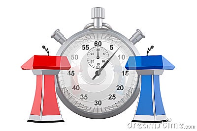 Debate time, concept. Stopwatch with microphones and tribunes, 3D rendering Stock Photo