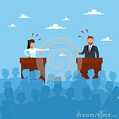 Debates. Man and woman politician discussing problems, showdown in public, responding on journalists questions, speech Vector Illustration