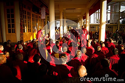 Debating Buddhist monks, Dalai Lama temple, McLeod Ganj, India Editorial Stock Photo