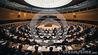 Debating chamber hemicycle during a one day plenary session. Generative AI Stock Photo