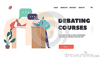 Debating Courses Landing Page Template. Male Female Leaders Of Opposing Political Parties Debate Talking Vector Illustration
