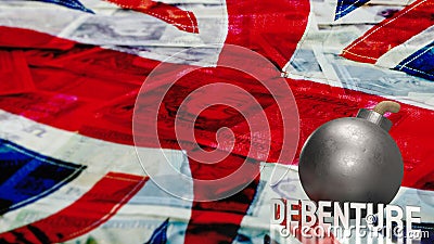 The Bomb and Debenture word on English flag background for Business concept 3d rendering Stock Photo