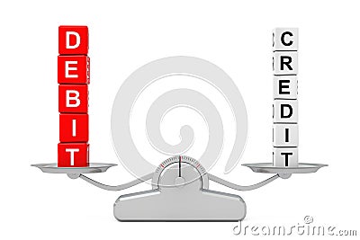 Debit and Credit Cube Blocks over Simple Balance Scale. 3d Rendering Stock Photo