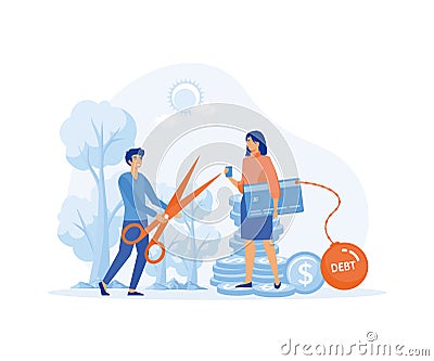 Debt burden concept, Man with scissors cuts chain of young girl with card. Vector Illustration