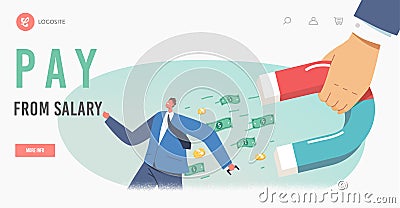 Debt Collection Landing Page Template. Businessman Character Escape from Huge Hand with Magnet Attracting Money Vector Illustration