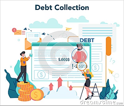 Debt collector concept. Pursuing payment of debt owed by person Vector Illustration