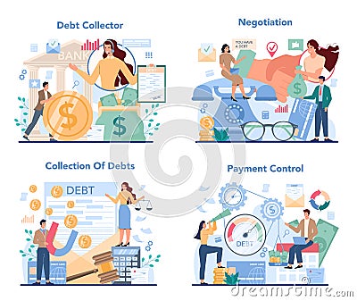 Debt collector concept set. Pursuing payment of debt owed Vector Illustration