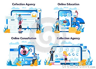 Debt collector online service or platform set. Pursuing payment of debt Vector Illustration