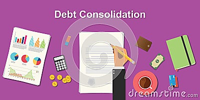 Debt consolidation business concept illustration terms with business man hand writing working on graph chart money paper Vector Illustration