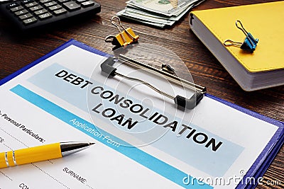 Debt consolidation loan, notepad and calculator. Stock Photo