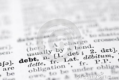 Debt; Definition in English Dictionary. Stock Photo