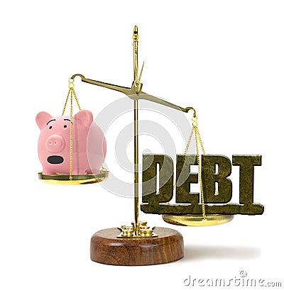 DEBT on a scale outweighing worried piggy bank representing financial problems Stock Photo