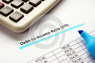 Debt-to-income ratio DTI marker underlined. Stock Photo