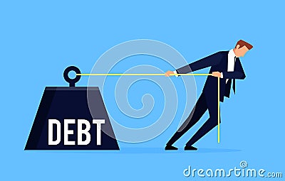 Debtor. Businessman is pulling a huge weight with a debt. Vector Illustration