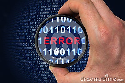 Debugging binary code with error written inside magnifying glass Stock Photo