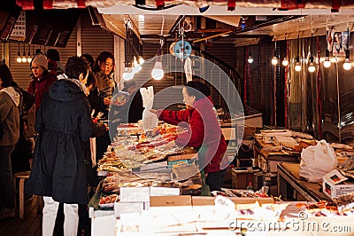 Japanese crabs seafood shop at Hakodate Asaichi fish market Editorial Stock Photo