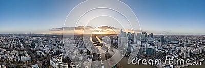 Dec 13, 2019 - Paris, France: Aerial pano drone shot of La Defense skyscraper complex during sunset hour Editorial Stock Photo