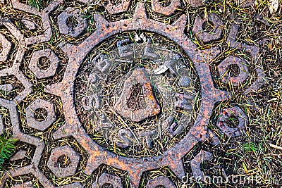 Dec 28, 2019 Woodside / CA / USA - Close up of weathered Bell System sign on a manhole in the woods, signalling that telephone Editorial Stock Photo
