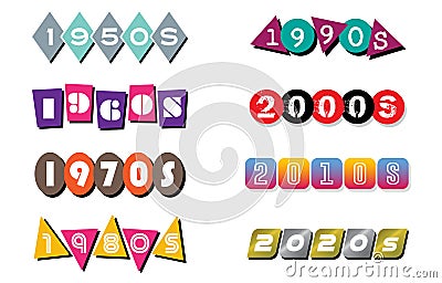 Decade Banners and Labels for the 1950s, 1960s, 1970s, 1980s, 1990s, 2000s, 2010s, and 2020s | Illustrated Year Clipart Vector Illustration