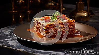 A decadent beef lasagna served on a contemporary white ceramic platter, adorned, AI generated Stock Photo