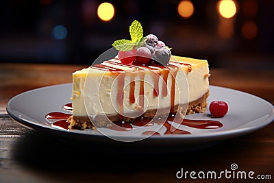 Decadent cheesecake slice, artfully displayed, lures with irresistible temptation Stock Photo