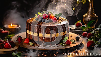 Decadent chocolate cake adorned with luscious fruits. Stock Photo