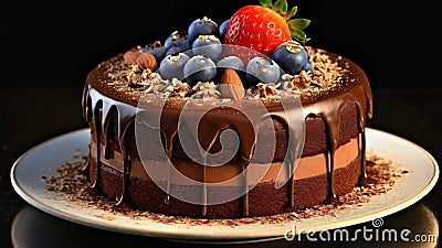 Decadent chocolate cake adorned with luscious fruits. Stock Photo
