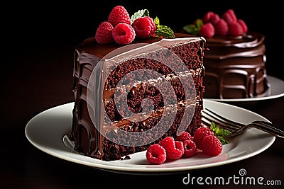 Decadent Chocolate Cake: Cocoa Richness & Raspberry Elegance Stock Photo
