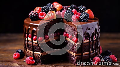 A decadent chocolate cake with layers of rich ganache and berries Stock Photo