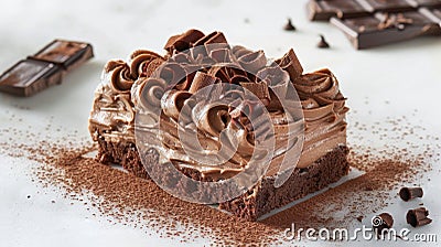 Decadent Chocolate Cake Slice with Shavings on Top Stock Photo