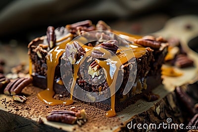 Decadent Chocolate Pecan Brownie with Caramel Drizzle Stock Photo