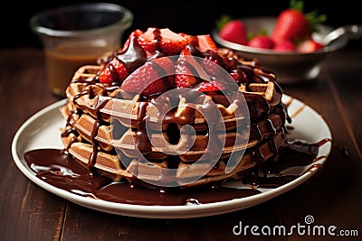 Decadent Chocolate syrup waffles. Generate Ai Stock Photo