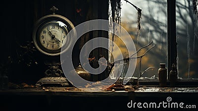 Decadent Decay: A Witchy Academia Clock In Woodland Goth Style Stock Photo