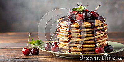 A Decadent Display of a Cherry and Chocolate Drizzled Pancake Stack AI Generative Stock Photo