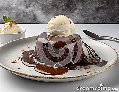 A decadent molten chocolate lava cake, with the center oozing with rich chocolate sauce Stock Photo