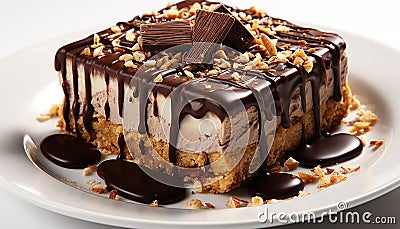 A decadent slice of chocolate cake on a dessert plate generated by AI Stock Photo