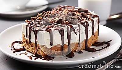 A decadent slice of homemade chocolate cake on a plate generated by AI Stock Photo