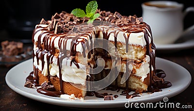 A decadent slice of homemade chocolate cake on a plate generated by AI Stock Photo