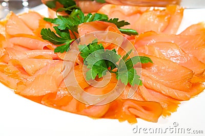 Decadent slices of smoked salmon Stock Photo