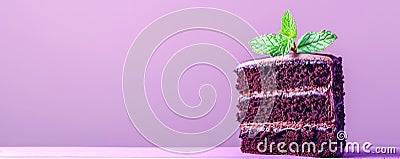 Decadent Triple Layer Chocolate Cake with Mint Garnish on Elegant Purple Background Perfect for Dessert Lovers and Special Stock Photo