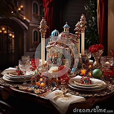 Decadent Venetian-inspired dining setup Stock Photo