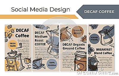Decaf coffee promotion at social media banner set Vector Illustration