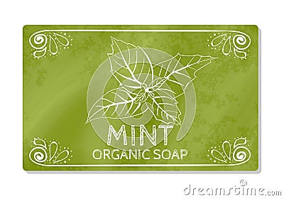 Decal design hand organic soap with mint isolated on white background. Label in hand drawn style. Vector Cartoon Illustration