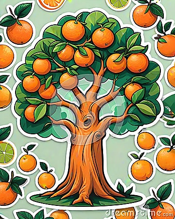 Decal sticker label orange tree health fruit design Cartoon Illustration