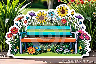 Decal sticker label sitting bench nature flowers Cartoon Illustration