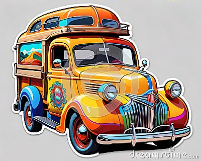 Decal sticker label vintage hippie camper pickup comedy Cartoon Illustration