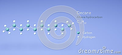 decane, molecular structures, Alkane hydrocarbon, 3d model, Structural Chemical Formula and Atoms with Color Coding Stock Photo